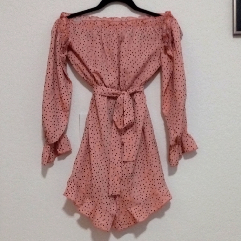 Womens Pink with Small Black Dot Small Ruffled Neck Belted Romper